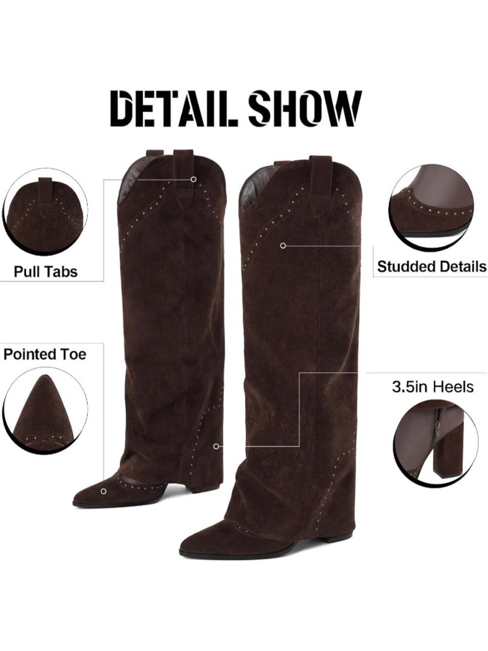 Women's Chocolate Shark Studded Fold Over Knee High Boots Tall Pull On Snip Toe - Picture 6 of 6